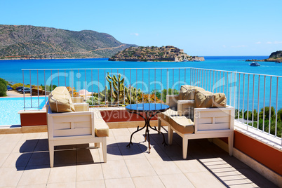 Sea view terrace at luxury hotel with a view on Spinalonga Islan