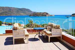 Sea view terrace at luxury hotel with a view on Spinalonga Islan