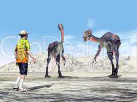 Tourist und der Dinosaurier Gigantoraptor