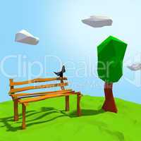 bird on the bench in cartoon style