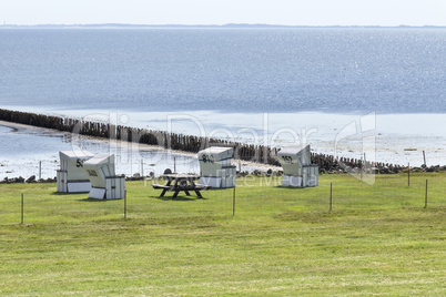 Beach chairs on the lawn by the sea