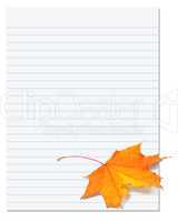 Notebook paper with autumn maple leaf on white