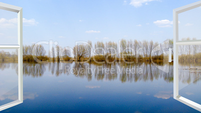 window with view to the flood on the river