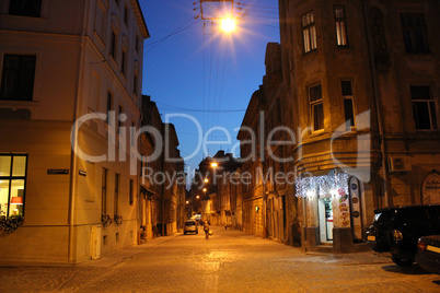 illuminated street of Lviv city