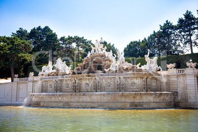 View on Gloriette and Neptune fountain in Schonbrunn Palace