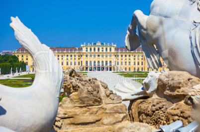 View on Gloriette and Neptune fountain in Schonbrunn Palace