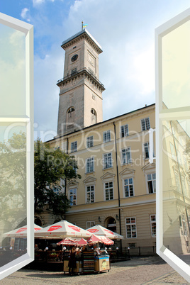 opened window to the tower of city hall of Lvov