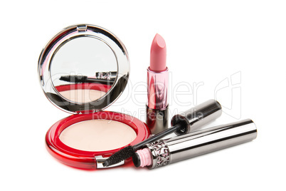 mascara, lipstick and powder