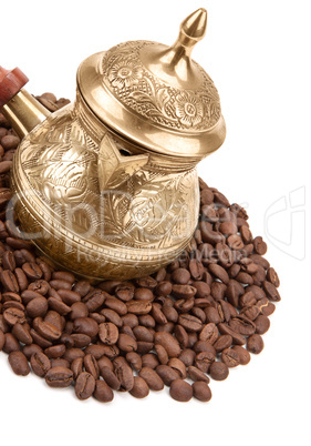 coffee pot and coffee beans isolated on white background