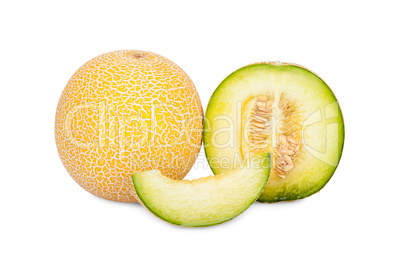 Ganze Galiamelone, Melone im Querschnitt und Stück