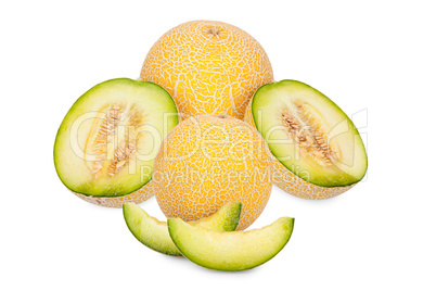 Galia Cantaloupe Melone ganz, halbiert und Stücke