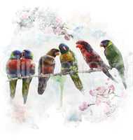 Watercolor Image Of  Colorful Parrots