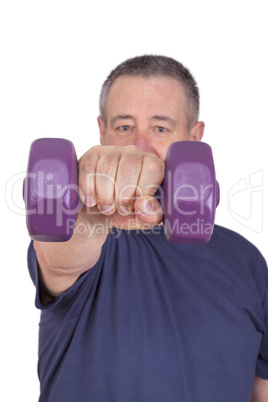 Elderly man with dumbbells during sport