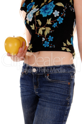 Torso of woman with apples.