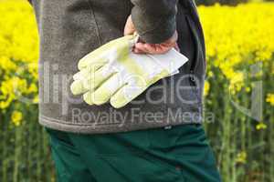 Farmer with work gloves prior rape field