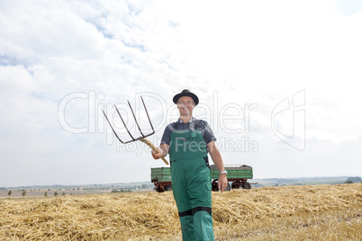 Farmer with pitchfork on the field