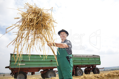 Farmer with pitchfork when shipped from straw