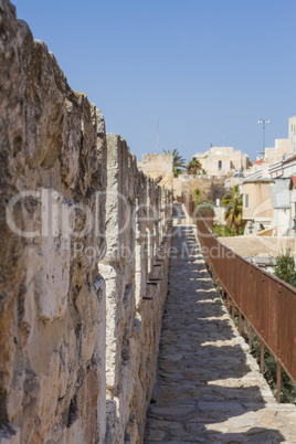 Defensive wall of the ancient holy Jerusalem .