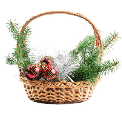 Christmas decorations and spruce twigs isolated on white background