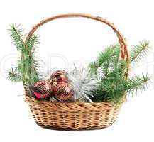 Christmas decorations and spruce twigs isolated on white background