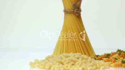 Italian pasta, Italian pasta ingredients, flour, pasta assortment of olive oil in a bottle, still life, spices spaghetti, studio