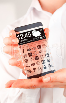 Smartphone with transparent screen in human hands.