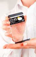 Smartphone with transparent screen in human hands.