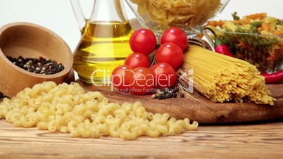 Italian pasta, Italian pasta ingredients, flour, pasta assortment of olive oil in a bottle, still life, spices spaghetti, studio s