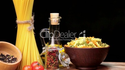 Italian pasta, Italian pasta ingredients, flour, pasta assortment of olive oil in a bottle, still life, spices spaghetti, studio