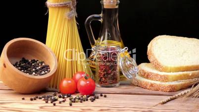 Italian pasta, Italian pasta ingredients, flour, pasta assortment of olive oil in a bottle, still life, spices spaghetti, studio