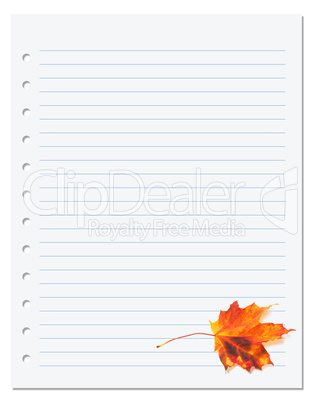 Notebook paper with autumn orange maple leaf on white