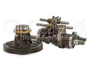 Pinions and differential  from  gearbox, isolated on white backg