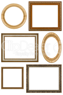 Set of 6 vintage picture frames, isolated on white background