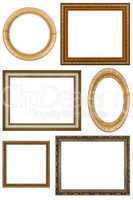 Set of 6 vintage picture frames, isolated on white background