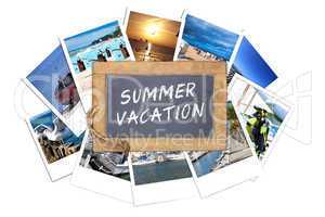 Schiefertafel mit Text, Summer Vacation, auf Urlaubsfotos