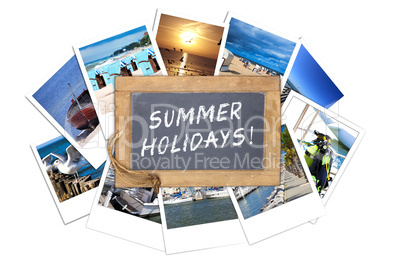 Schiefertafel mit Text, Summer Holidays, auf Urlaubsfotos