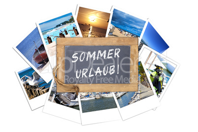 Schiefertafel mit Text, Sommer Urlaub, auf Urlaubsfotos