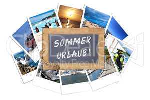 Schiefertafel mit Text, Sommer Urlaub, auf Urlaubsfotos