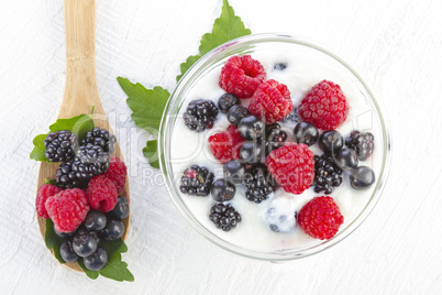 yogurt with forest berries in a bowl