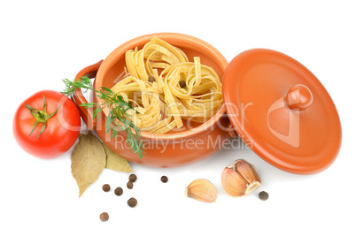 Spaghetti in a clay pot isolated on white background