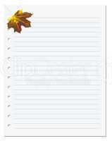 Notebook paper with autumn maple leaf in corner