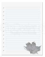 Notebook paper with dry maple-leaf at background