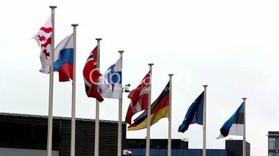Eight European flags waving so fast in the pole