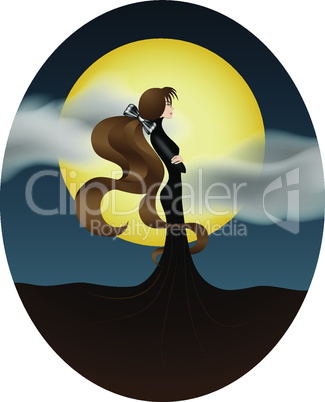 Young girl on the background of a big yellow moon