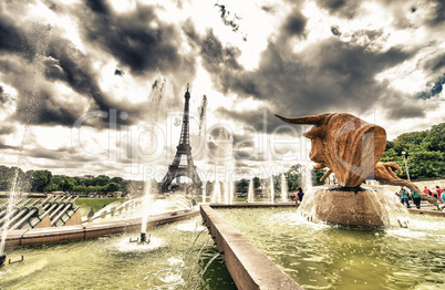 Eiffel Tower view from Trocadero gardens with fountains