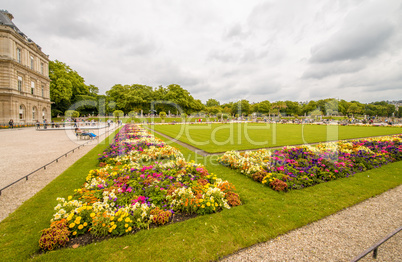 Flowers and buildings of Luxembourg Gardens in Paris