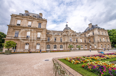 Flowers and buildings of Luxembourg Gardens in Paris