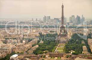 Landscape aerial view of Tour Eiffel on a cloudy day