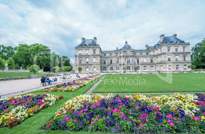 Flowers and buildings of Luxembourg Gardens in Paris