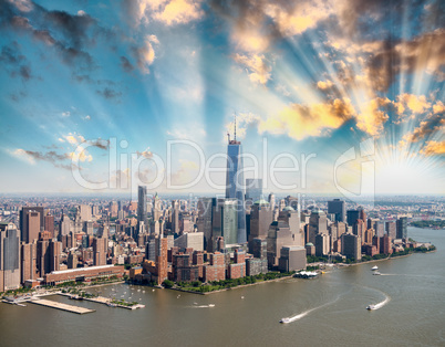 Helicopter view of Lower Manhattan skyline on a beautiful summer